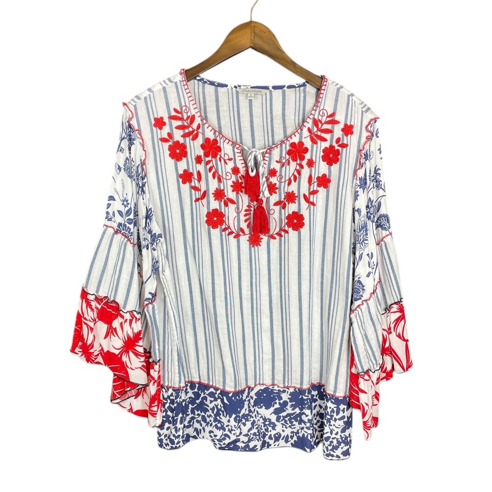 John Mark | Flutter Sleeve Blouse Bib Collar Floral Embroidered Top Bell Sleeves
